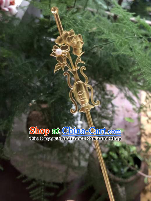 Chinese Traditional Hanfu Tang Dynasty Court Golden Vase Hairpins Handmade Ancient Royal Princess Hair Accessories for Women