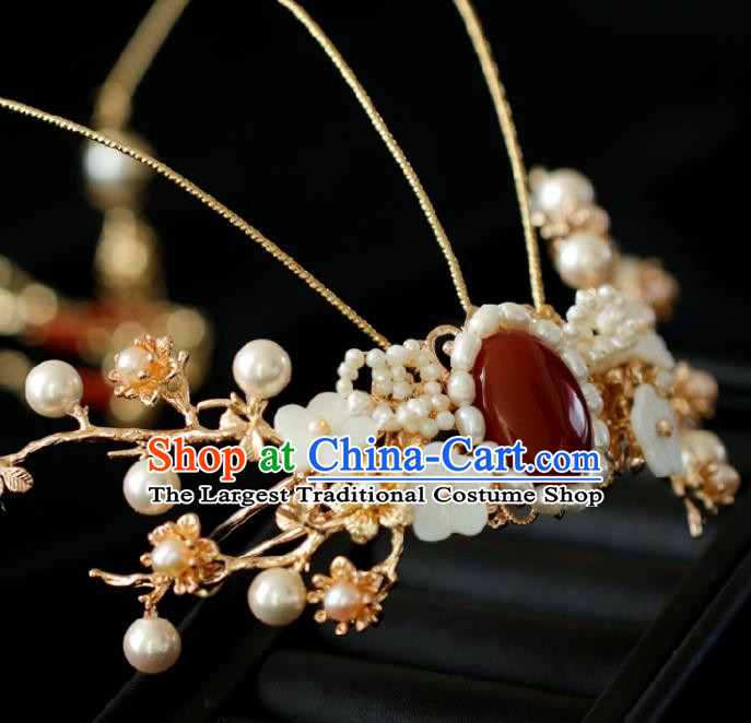 Chinese Handmade Ming Dynasty Princess Pearls Hair Crown Hairpins Ancient Hanfu Hair Accessories for Women