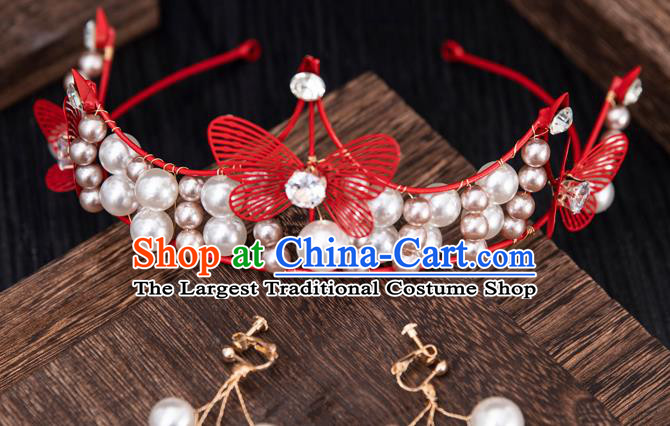 Top Handmade Wedding Bride Red Butterfly Royal Crown Baroque Princess Hair Accessories for Women