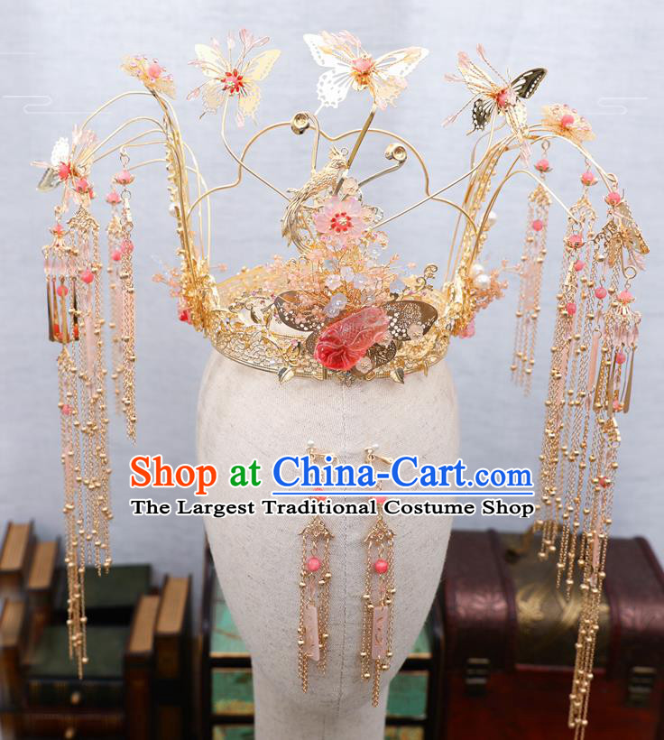 Traditional Chinese Wedding Golden Butterfly Phoenix Coronet Hairpins Handmade Ancient Bride Hair Accessories for Women