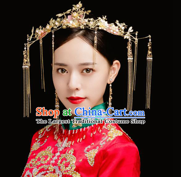 Traditional Chinese Wedding Golden Dragonfly Phoenix Coronet Hairpins Handmade Ancient Bride Hair Accessories for Women