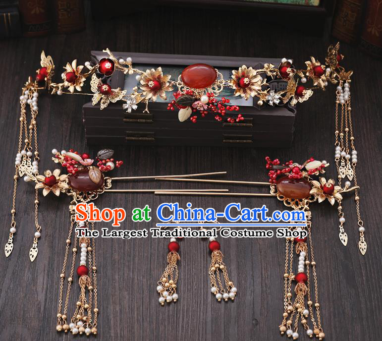 Traditional Chinese Wedding Agate Hair Clasp Tassel Hairpins Handmade Ancient Bride Hair Accessories for Women