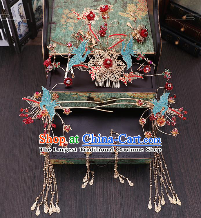Traditional Chinese Wedding Crane Hair Comb Tassel Hairpins Handmade Ancient Bride Hair Accessories for Women