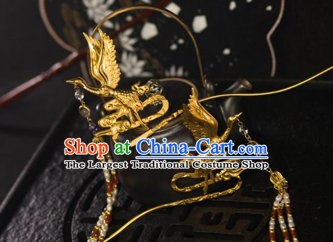 Chinese Traditional Tang Dynasty Court Golden Crane Tassel Hairpins Handmade Ancient Royal Empress Hair Accessories for Women