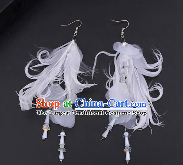 Chinese Traditional Handmade Wedding White Feather Earrings Ancient Bride Ear Accessories for Women