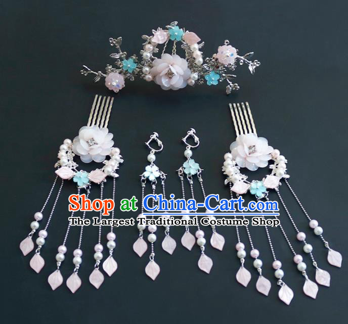 Traditional Chinese Hanfu Peach Blossom Tassel Hair Combs Hairpins Handmade Ancient Princess Hair Accessories Complete Set for Women
