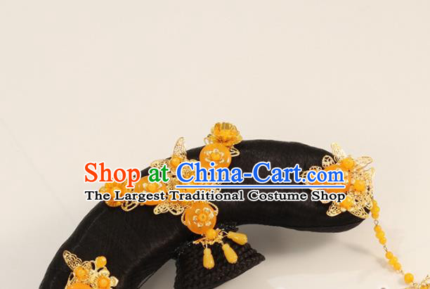 Traditional Chinese Qing Dynasty Princess Wigs and Orange Hairpins Ancient Court Lady Hair Accessories for Women