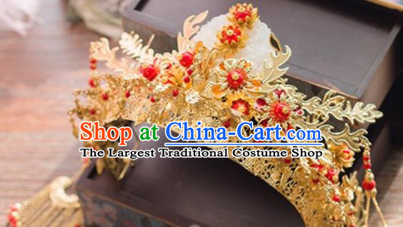 Traditional Chinese Wedding Jade Phoenix Coronet Hairpins Ancient Court Queen Hair Accessories for Women