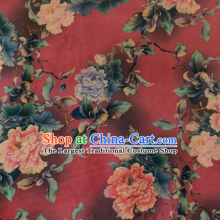 Chinese Traditional Peony Flowers Pattern Red Silk Fabric Mulberry Silk Fabric Hanfu Dress Material