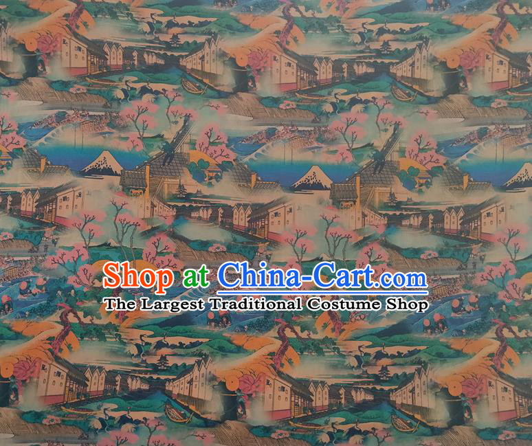 Chinese Traditional View Pattern Blue Silk Fabric Mulberry Silk Fabric Hanfu Dress Material