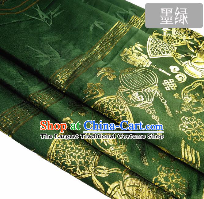 Chinese Traditional Palace Lantern Pattern Deep Green Brocade Fabric Silk Satin Fabric Hanfu Material