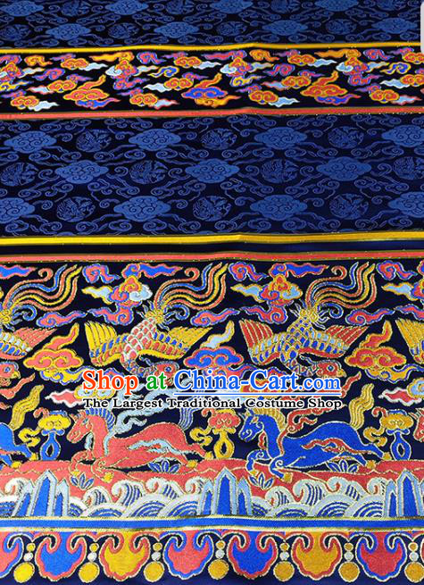 Chinese Traditional Phoenix Horse Pattern Navy Brocade Fabric Silk Satin Fabric Hanfu Material