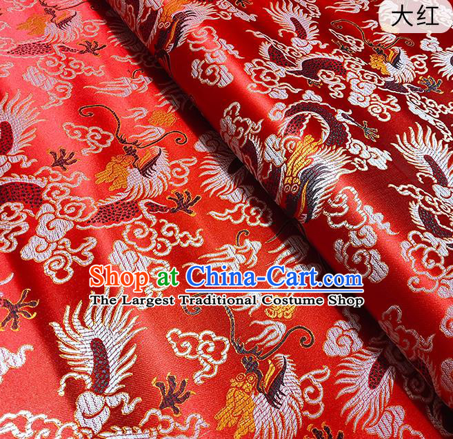 Chinese Traditional Dragons Pattern Bright Red Brocade Fabric Silk Satin Fabric Hanfu Material