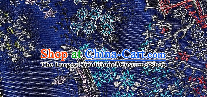 Chinese Traditional Scenery Pattern Navy Brocade Fabric Silk Satin Fabric Hanfu Material