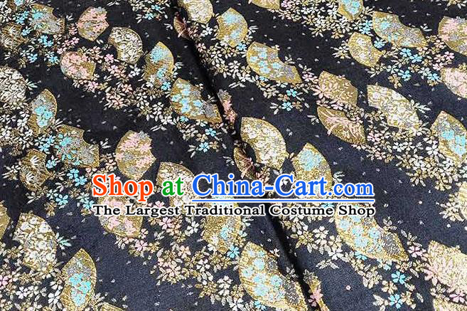 Japanese Traditional Sakura Fan Pattern Kimono Black Brocade Fabric Tapestry Satin Fabric Nishijin Material