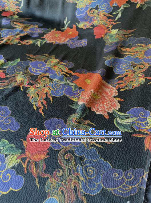 Chinese Traditional Cloud Peony Pattern Black Silk Fabric Hanfu Gambiered Guangdong Gauze Material