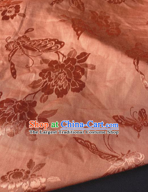 Chinese Traditional Butterfly Peony Pattern Orange Silk Fabric Hanfu Brocade Material