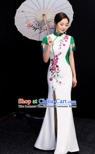 Chinese National Stage Show Embroidered Qipao Dress Traditional Compere Cheongsam Costume for Women