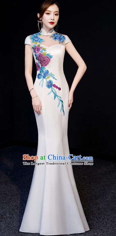 Chinese National Embroidered Peony White Qipao Dress Traditional Compere Cheongsam Costume for Women