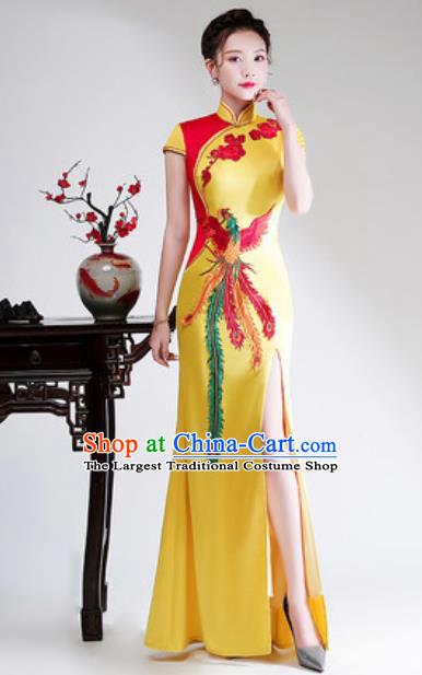 Chinese Compere Embroidered Phoenix Yellow Full Dress Traditional National Cheongsam Costume for Women
