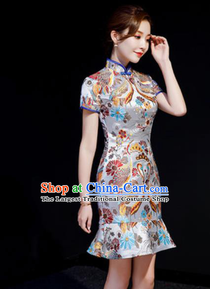 Chinese Chorus Grey Brocade Short Qipao Dress Traditional National Compere Cheongsam Costume for Women