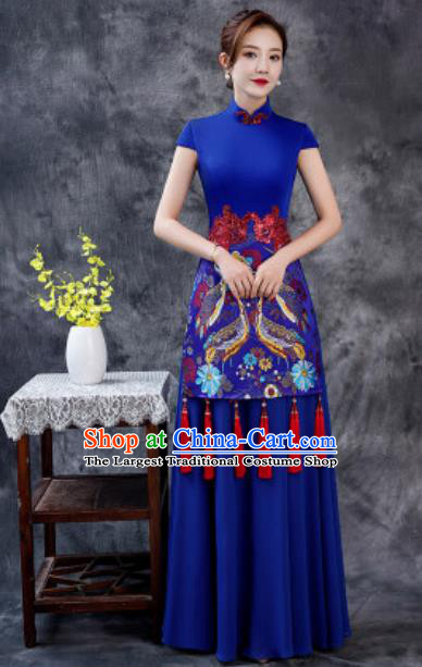 Chinese Chorus Printing Royalblue Chiffon Full Dress Traditional National Compere Cheongsam Costume for Women