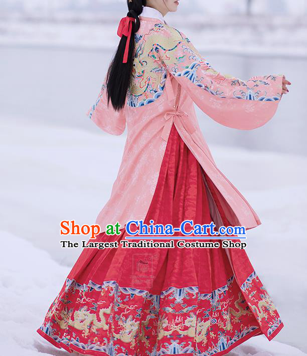 Chinese Ming Dynasty Royal Princess Pink Blouse and Skirt Traditional Ancient Patrician Lady Costumes for Women
