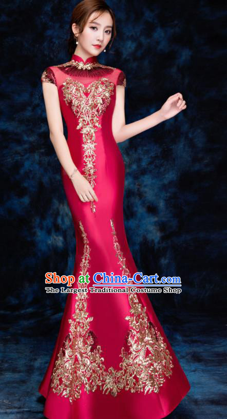 Chinese Traditional Embroidered Sequins Wine Red Qipao Dress Compere Cheongsam Costume for Women