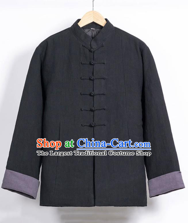 Chinese National Tang Suit Black Cotton Wadded Jacket Traditional Martial Arts Overcoat Costumes for Men