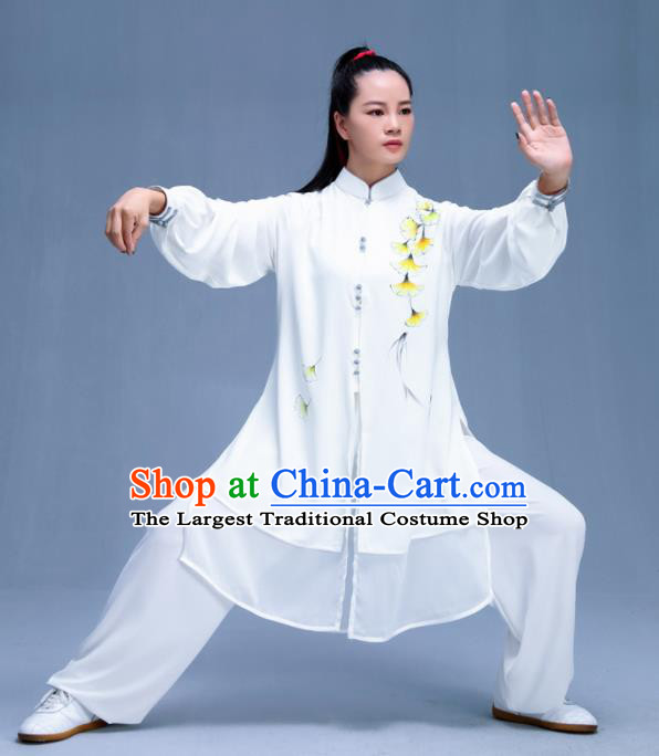 Chinese Traditional Kung Fu Printing Ginkgo Leaf White Garment Outfits Martial Arts Stage Show Costumes for Women