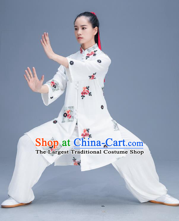 Chinese Traditional Kung Fu Tai Chi Training Printing White Garment Outfits Martial Arts Stage Show Costumes for Women