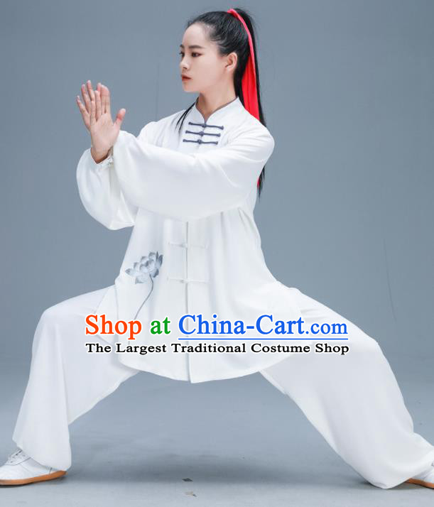 Chinese Traditional Kung Fu Tai Chi Training Embroidered Grey Lotus Garment Outfits Martial Arts Stage Show Costumes for Women