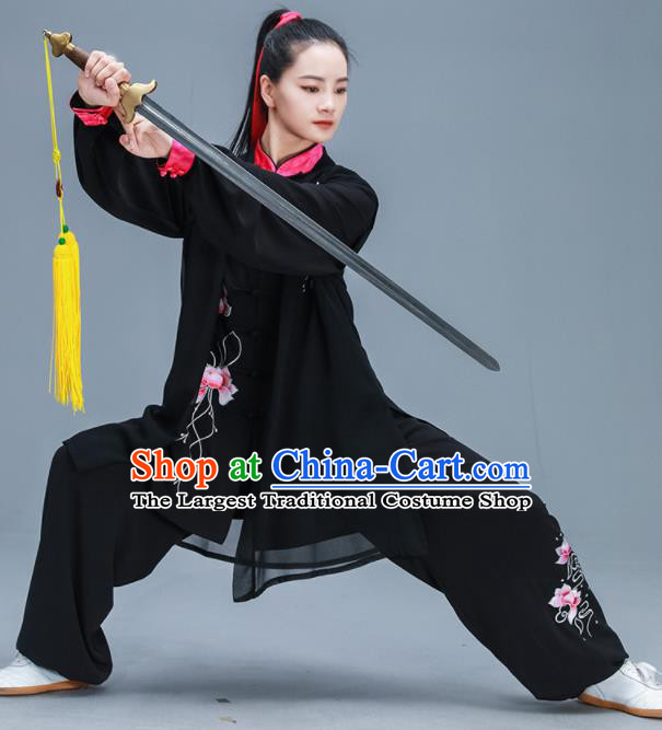 Chinese Traditional Kung Fu Tai Chi Training Embroidered Peony Black Garment Outfits Martial Arts Stage Show Costumes for Women
