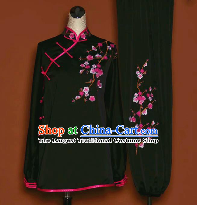 Chinese Tai Chi Embroidered Plum Black Garment Outfits Traditional Kung Fu Martial Arts Training Costumes for Women