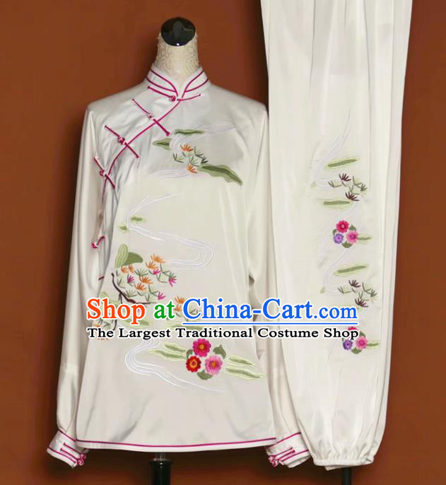 Chinese Tai Chi Embroidered White Silk Garment Outfits Traditional Kung Fu Martial Arts Training Costumes for Women