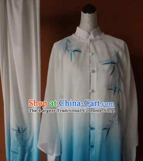 Chinese Tai Chi Changquan Embroidered Bamboo Blue Garment Outfits Traditional Kung Fu Martial Arts Costumes for Adult