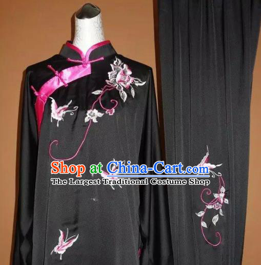Chinese Tai Chi Embroidered Butterfly Peony Black Garment Outfits Traditional Kung Fu Martial Arts Training Costumes for Women