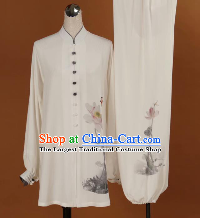 Chinese Tai Chi Printing Lotus Garment Outfits Traditional Kung Fu Martial Arts Training Costumes for Adult