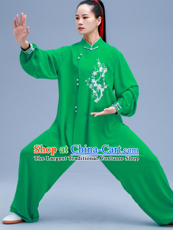 Chinese Traditional Kung Fu Embroidered Plum Green Outfits Martial Arts Competition Costumes for Women