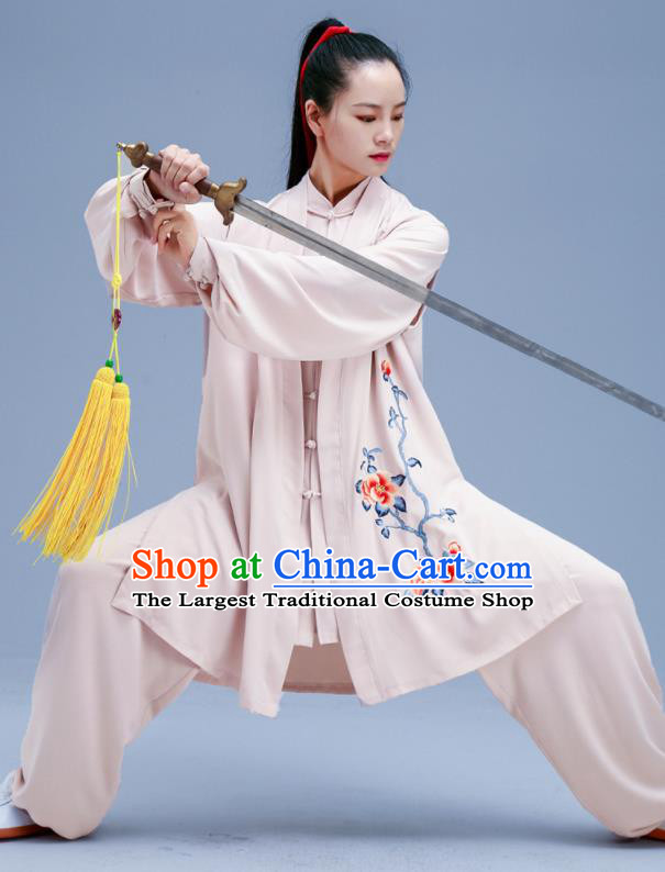 Chinese Traditional Kung Fu Embroidered Peony Beige Outfits Martial Arts Competition Costumes for Women