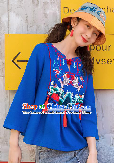 Chinese Embroidered Carps Royalblue Shirt Upper Outer Garment Traditional Tang Suit Costume for Women