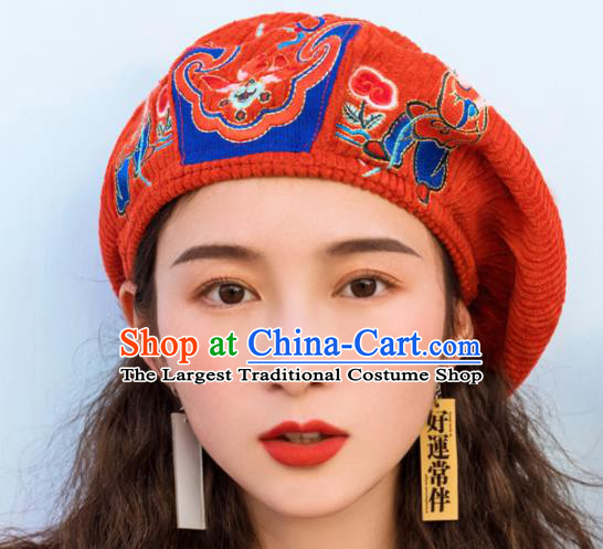 Chinese Traditional Embroidered Red Corduroy Hat National Beret Hat for Women