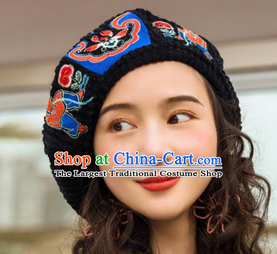 Chinese Traditional Embroidered Black Corduroy Hat National Beret Hat for Women