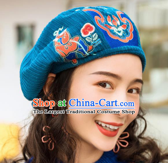 Chinese Traditional Embroidered Blue Corduroy Hat National Beret Hat for Women