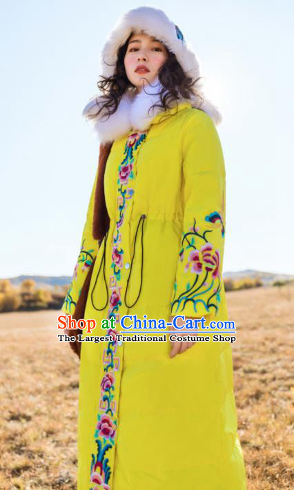 Chinese Traditional Embroidered Yellow Down Coat National Overcoat Costumes for Women