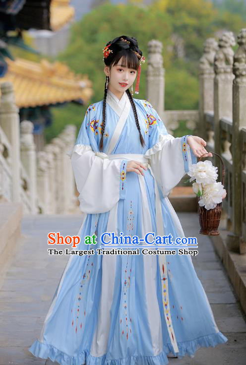 Traditional Chinese Jin Dynasty Patrician Lady Historical Costumes Ancient Wealthy Girl Blue Hanfu Dress for Women