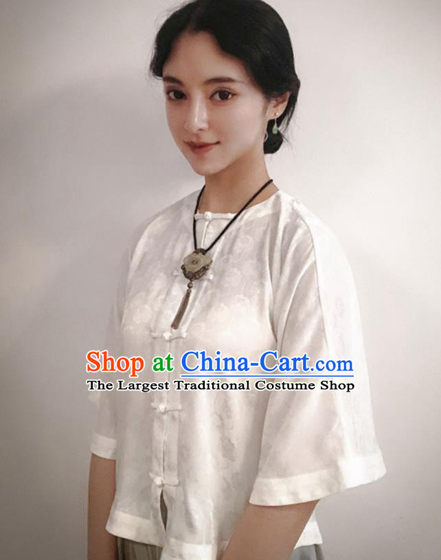 Chinese Traditional Jacquard White Shirt National Upper Outer Garment Tang Suit Blouse Costume for Women