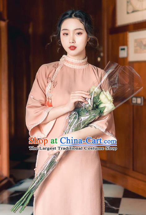 Chinese Traditional Retro Pink Qipao Dress National Tang Suit Cheongsam Costumes for Women