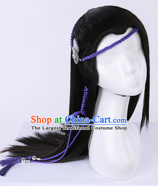 Chinese Traditional Ming Dynasty Taoist Black Wigs Ancient Swordsman Wig Sheath for Men