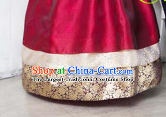 Korean Traditional Bride Hanbok Blue Satin Blouse and Wine Red Dress Garment Asian Korea Fashion Costume for Women